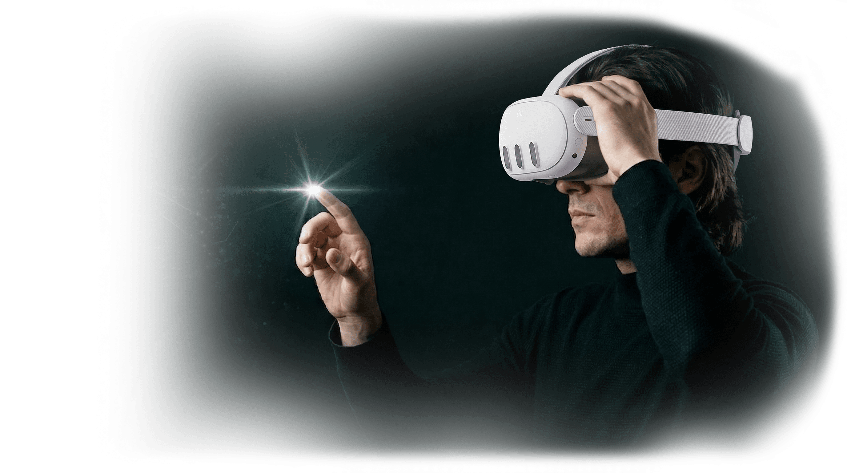 Человек в VR-шлеме, указывающий на точку света
