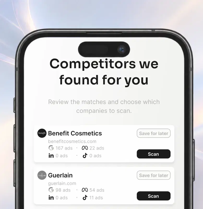 Adlensa on a phone: competitors found for your company, ready to scan