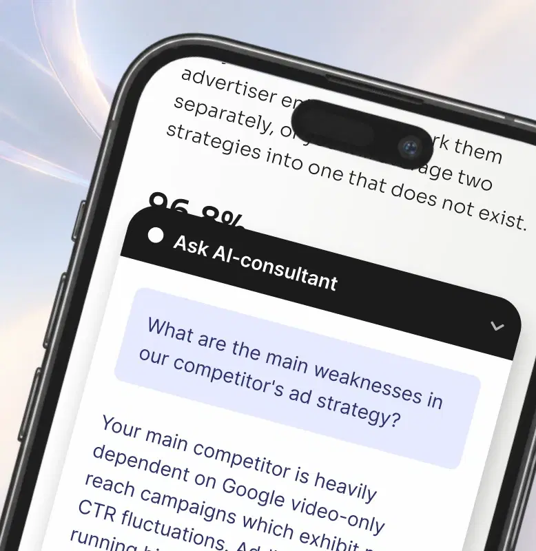 Adlensa's AI consultant on a phone answering a question about a competitor's ad strategy