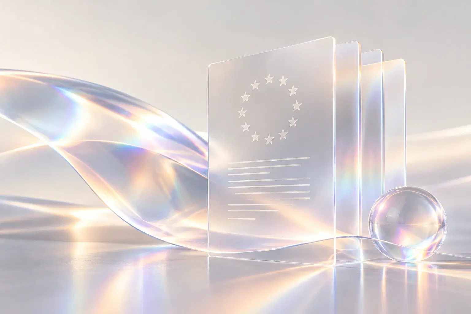 A glass document with the circle of EU stars beside a glass sphere