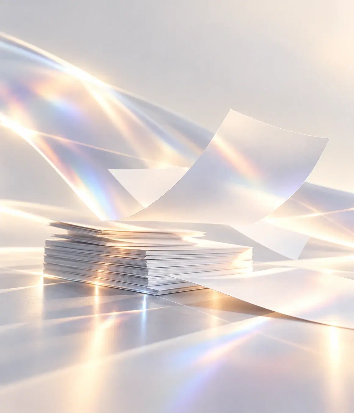 A stack of papers with sheets lifting off it in iridescent light