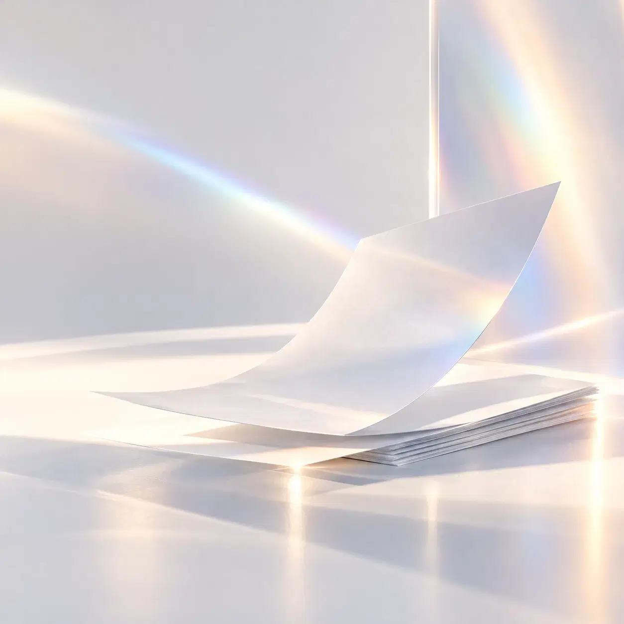 A single sheet curling over a stack of papers in iridescent light