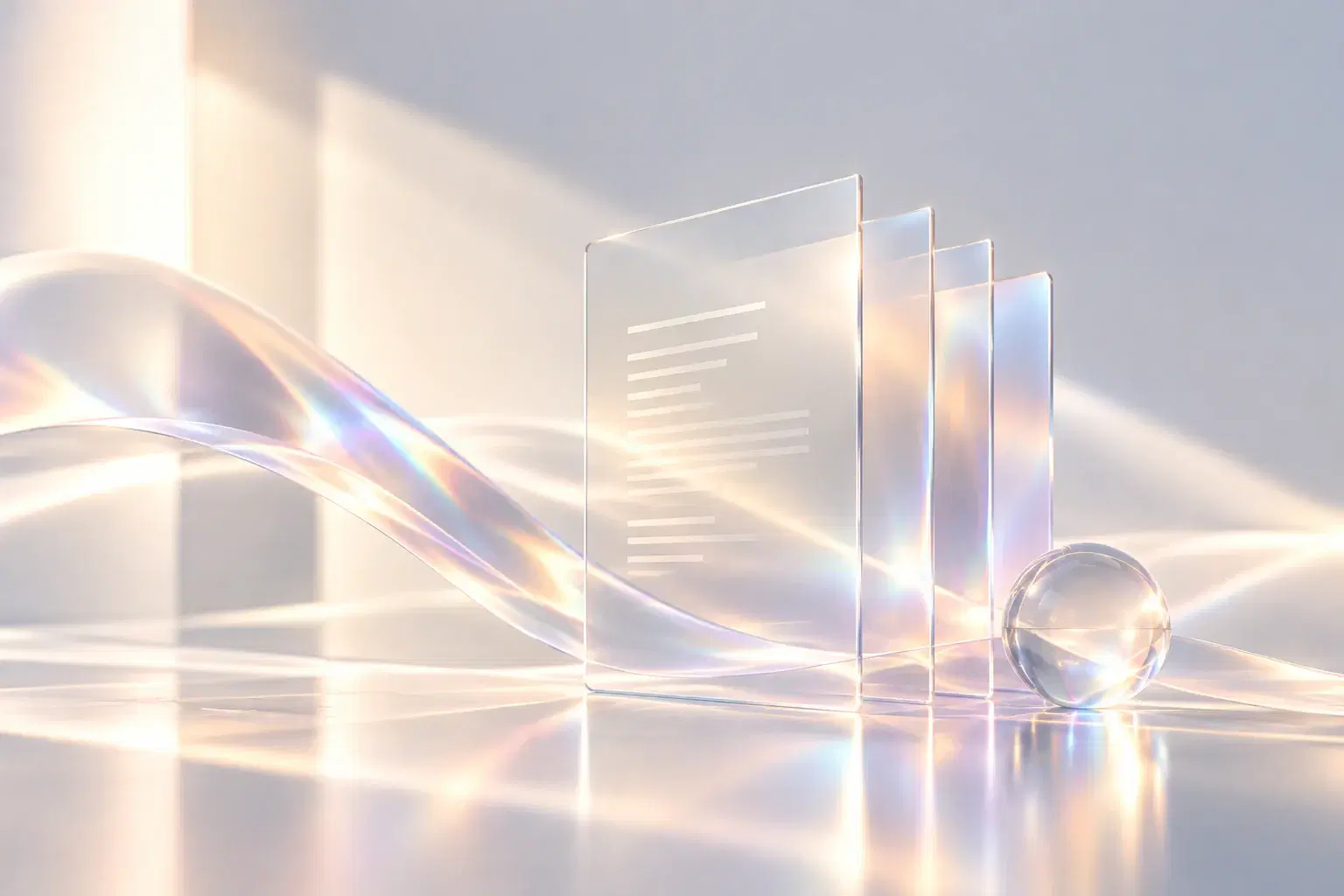 Glass document panels and a glass sphere beside a ribbon of iridescent light