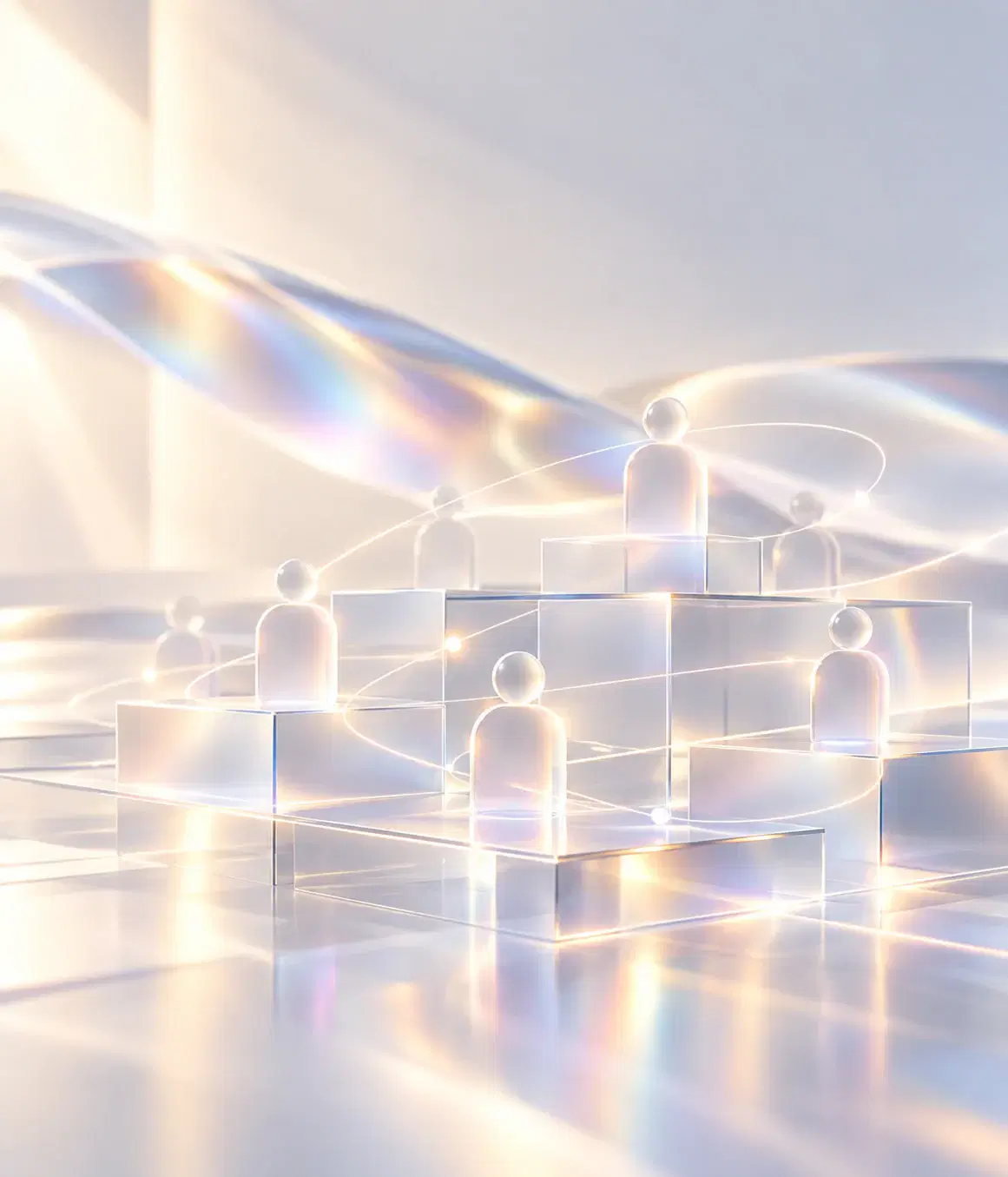 Glass figures on stepped glass blocks, linked by threads of light