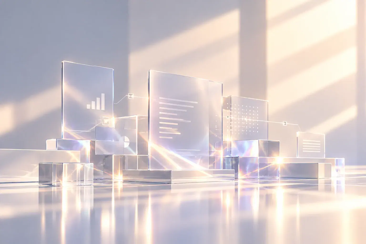 Glass panels with charts and documents standing on glass blocks