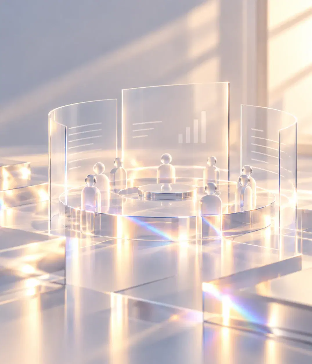 Glass figures inside a ring of curved glass panels with charts and documents
