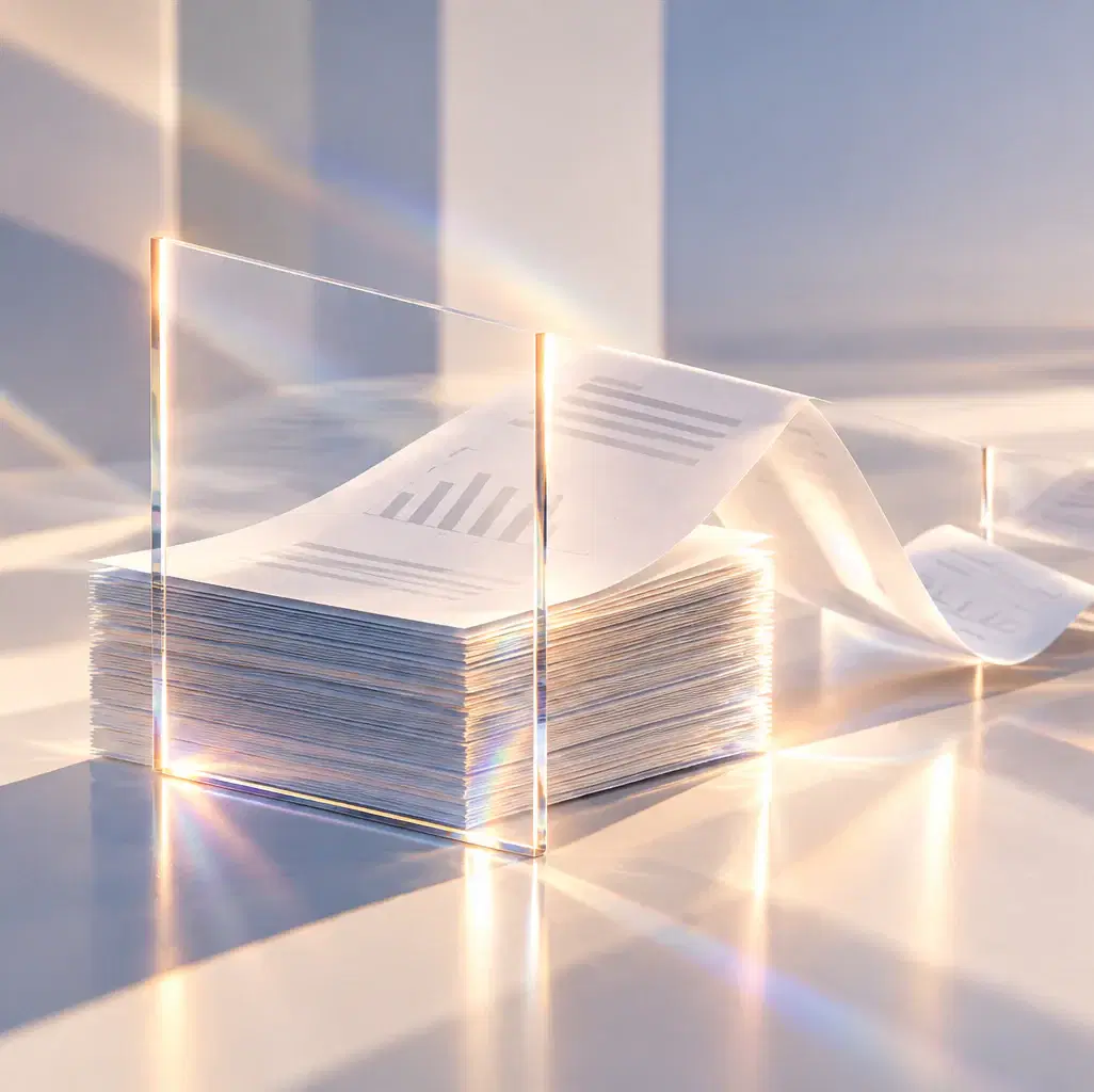 A tall stack of papers behind a glass panel, a sheet with a chart curling off the top