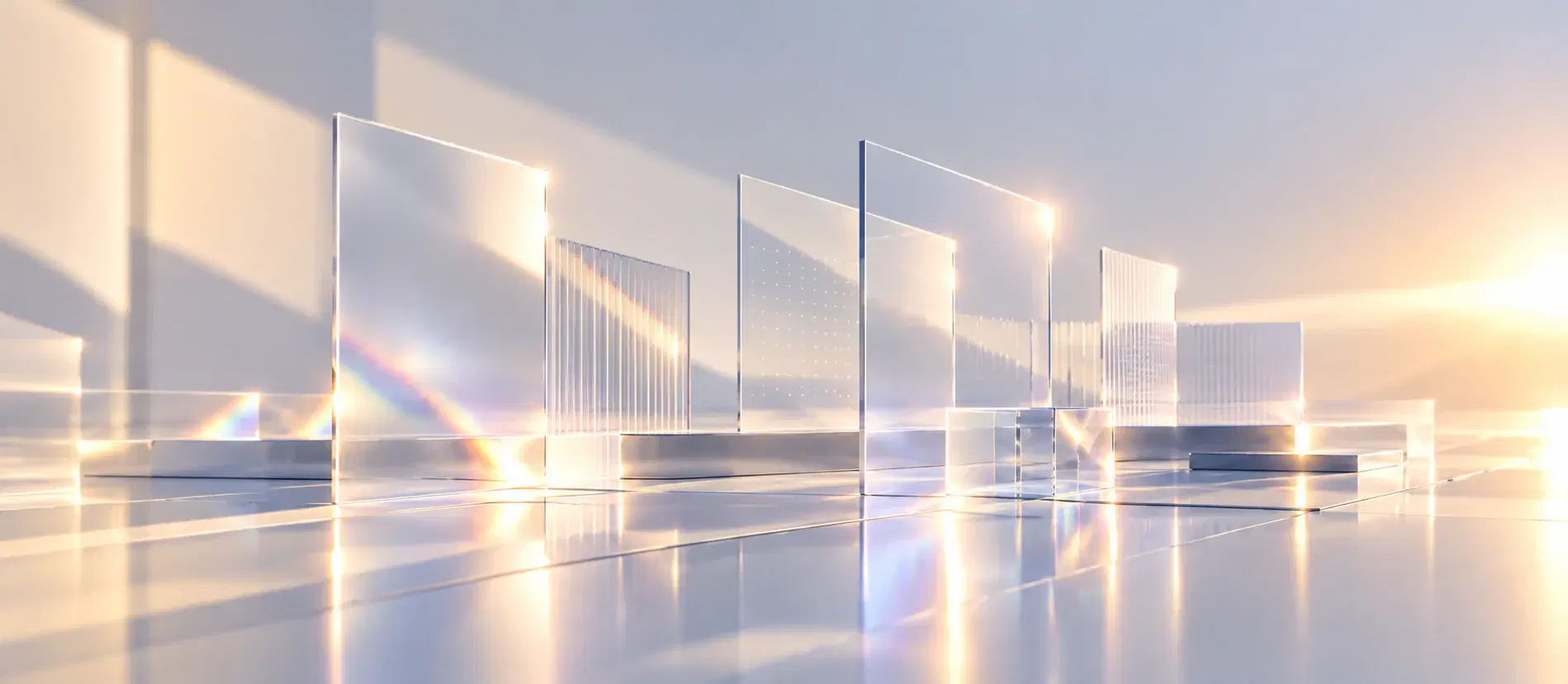 Rows of glass panels of different heights in warm light