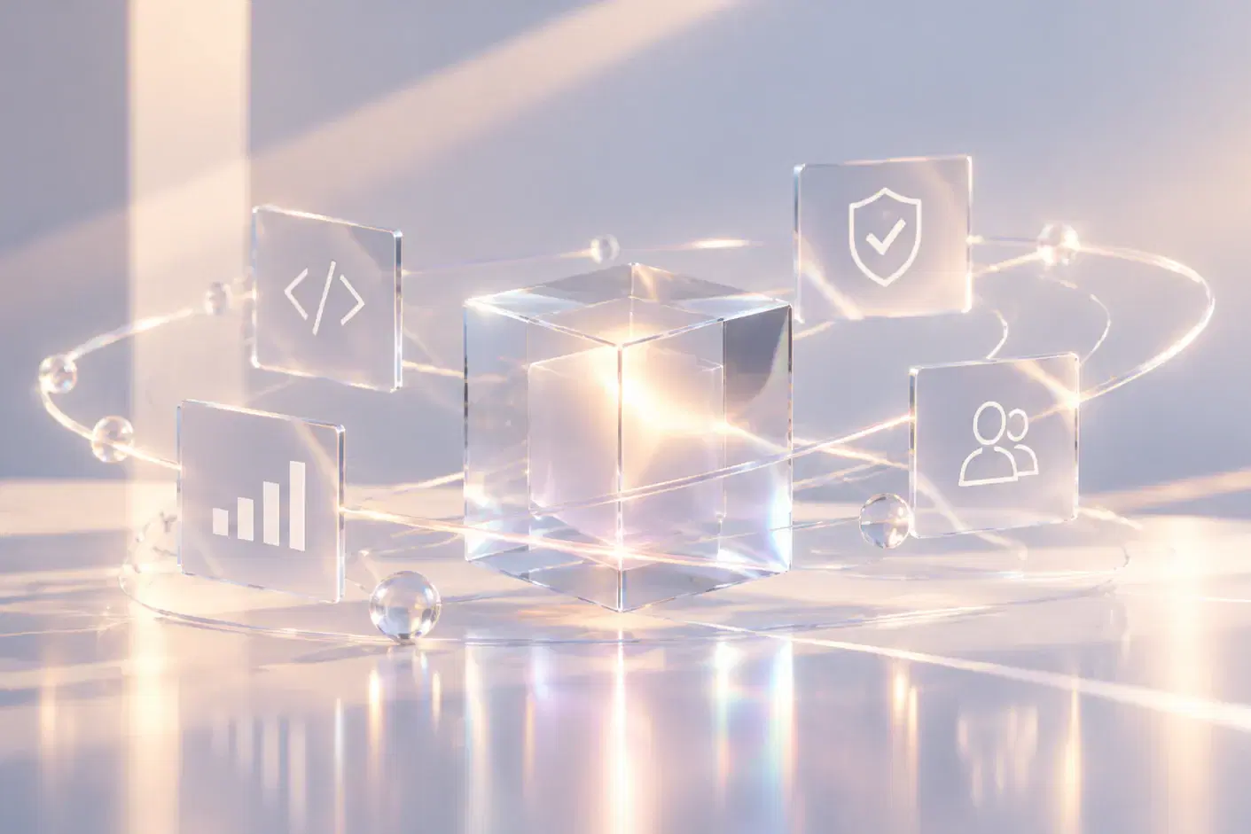 A glass cube in a ring of light, circled by glass tiles with code, chart, shield and team icons